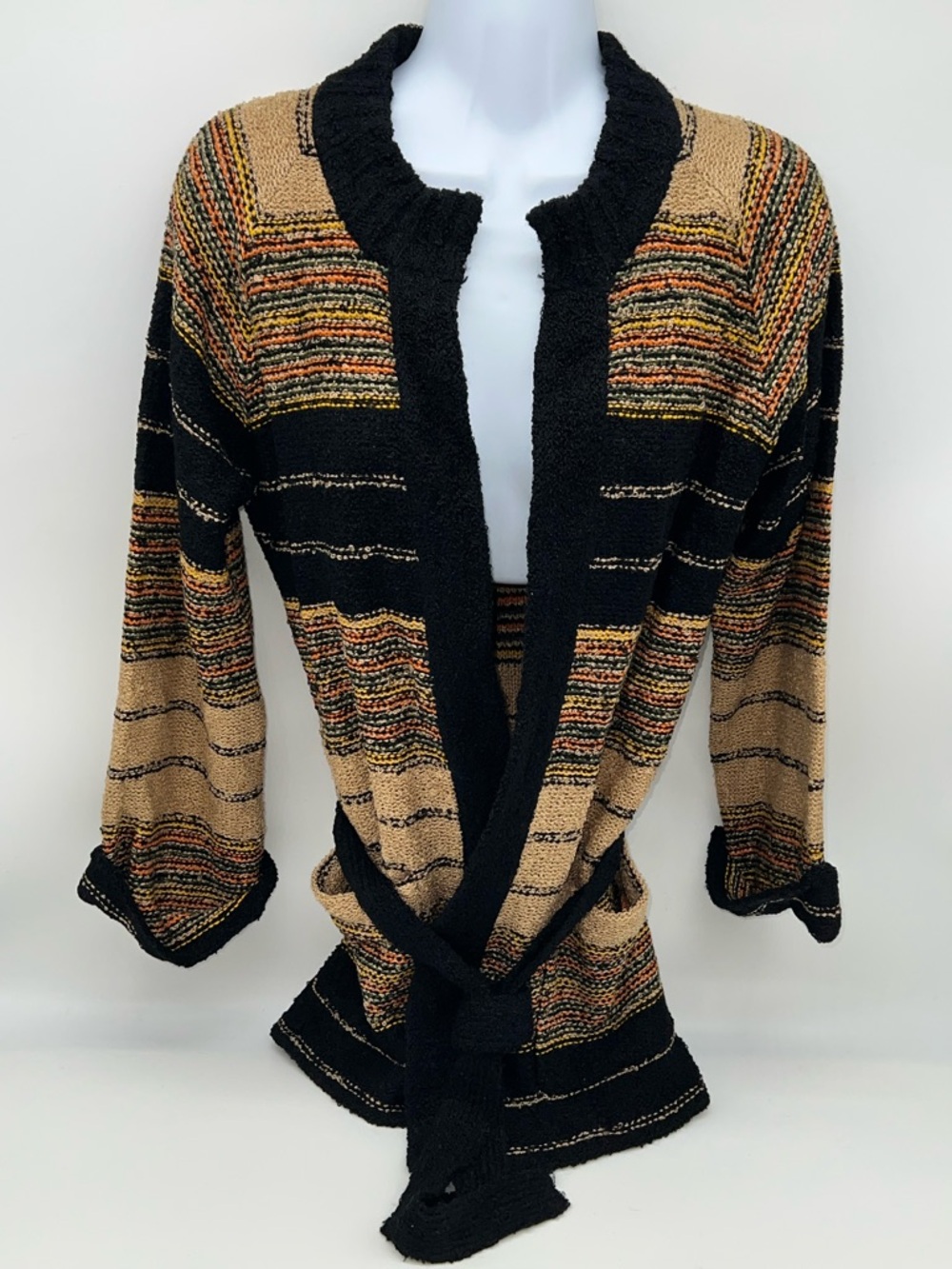Black and Camel Striped Open-Front Belted Cardigan Sweater